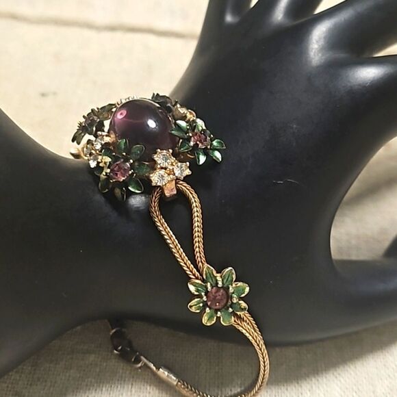 Vintage 40's Miriam Haskell Purple Poured Glass Rhinestone Bracelet - Picture 3 of 11